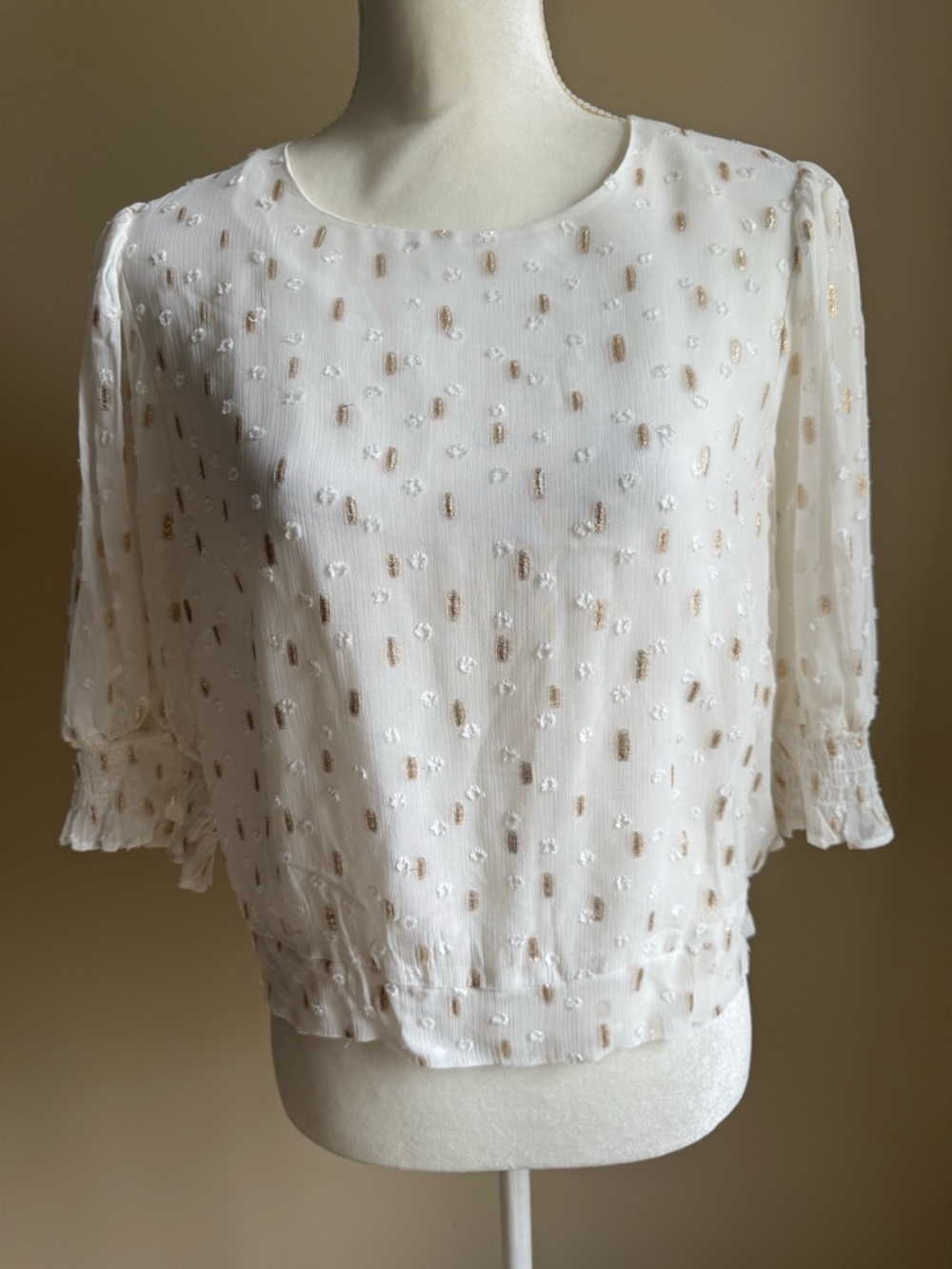 Boden Sheer Ivory Gold Metallic Cropped Blouse NWT
